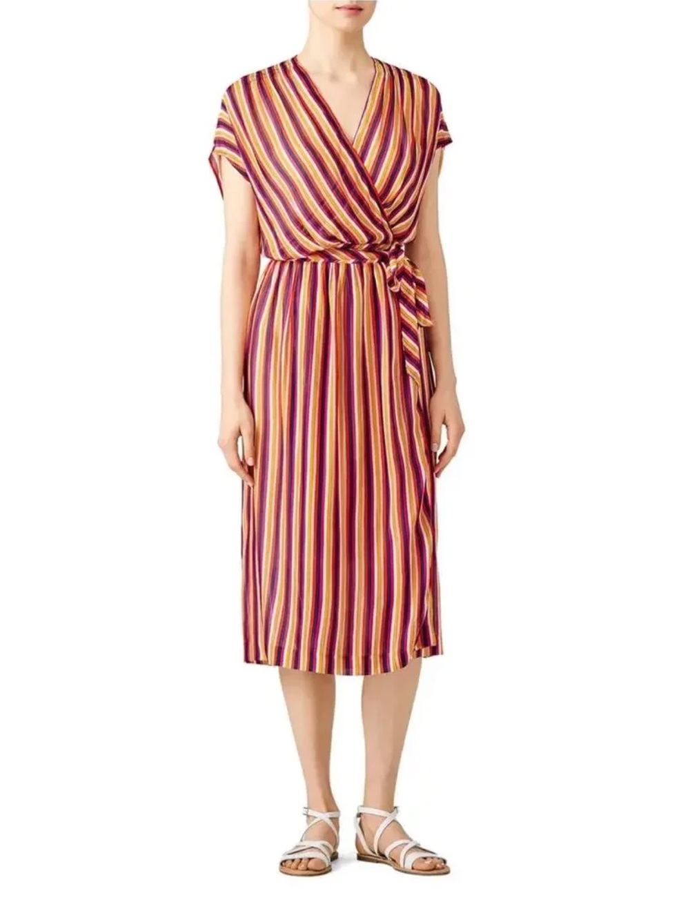 Trina Turk Burgundy and Mustard Striped Wrap Dress